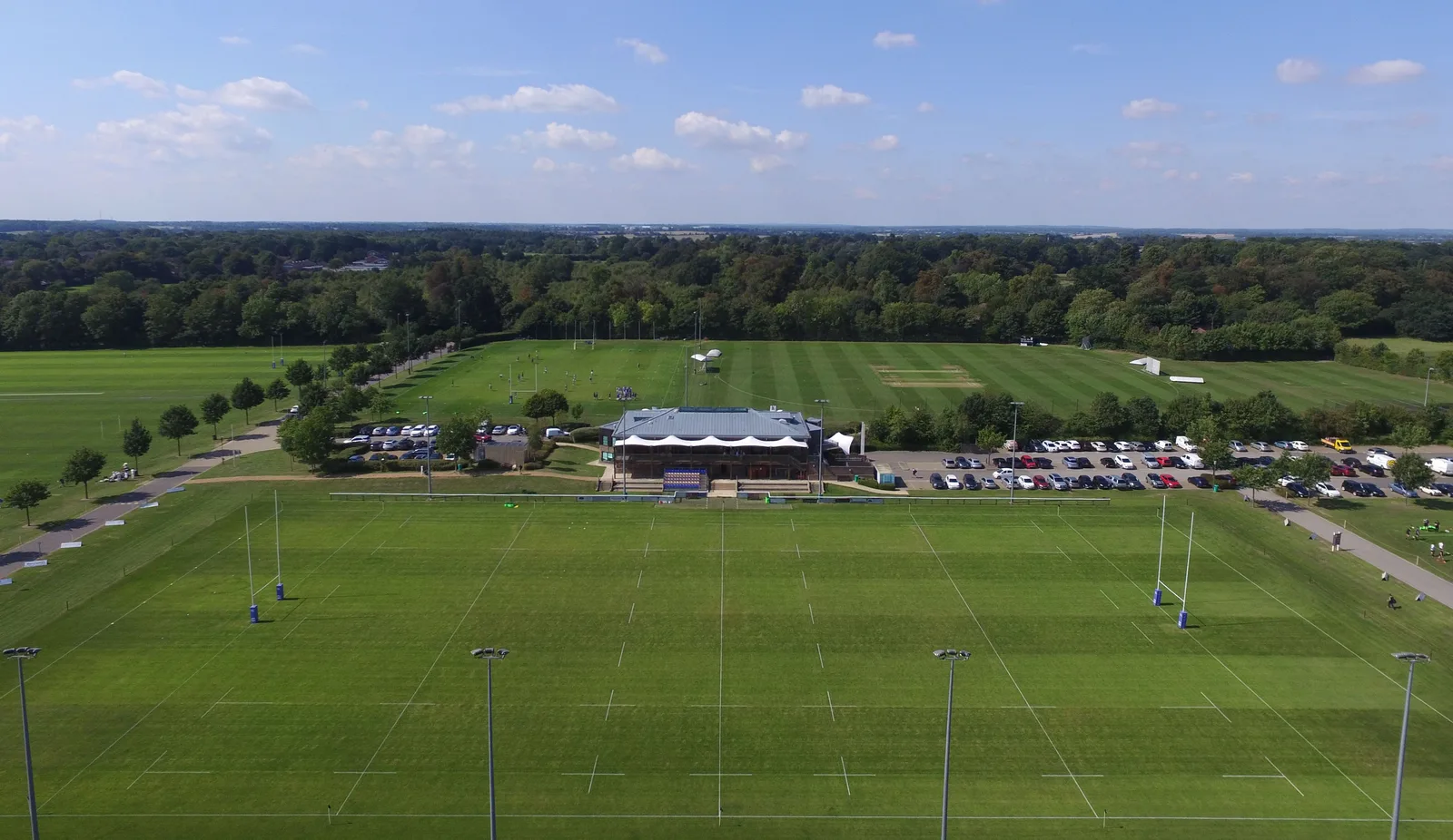 Aerial view of Old Albanian RFC's pitches and clubhouse in St Albans